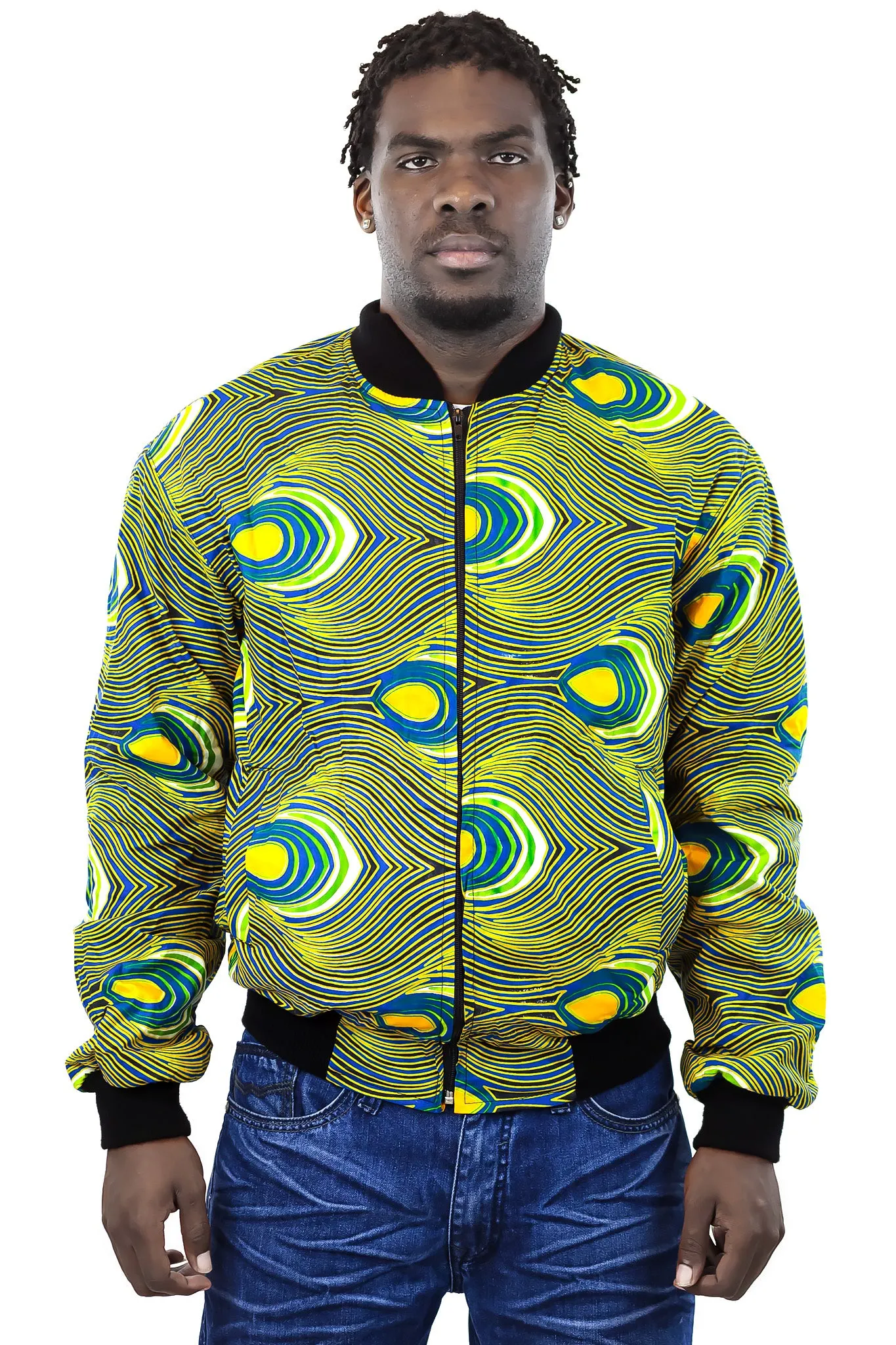 African Bomber Jacket - Blue Green with Yellow Teardrop print