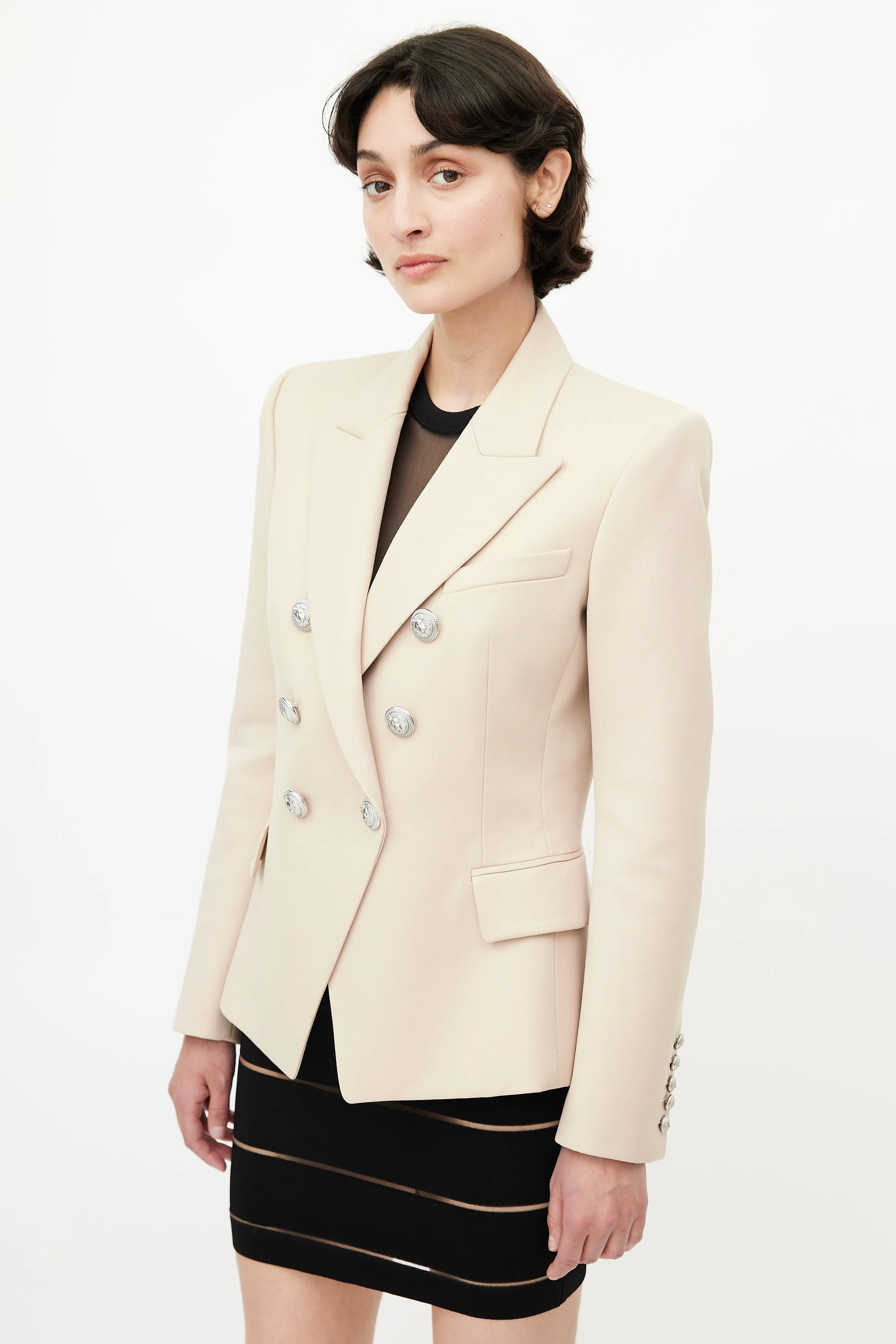 Beige Double Breasted Wool Blazer