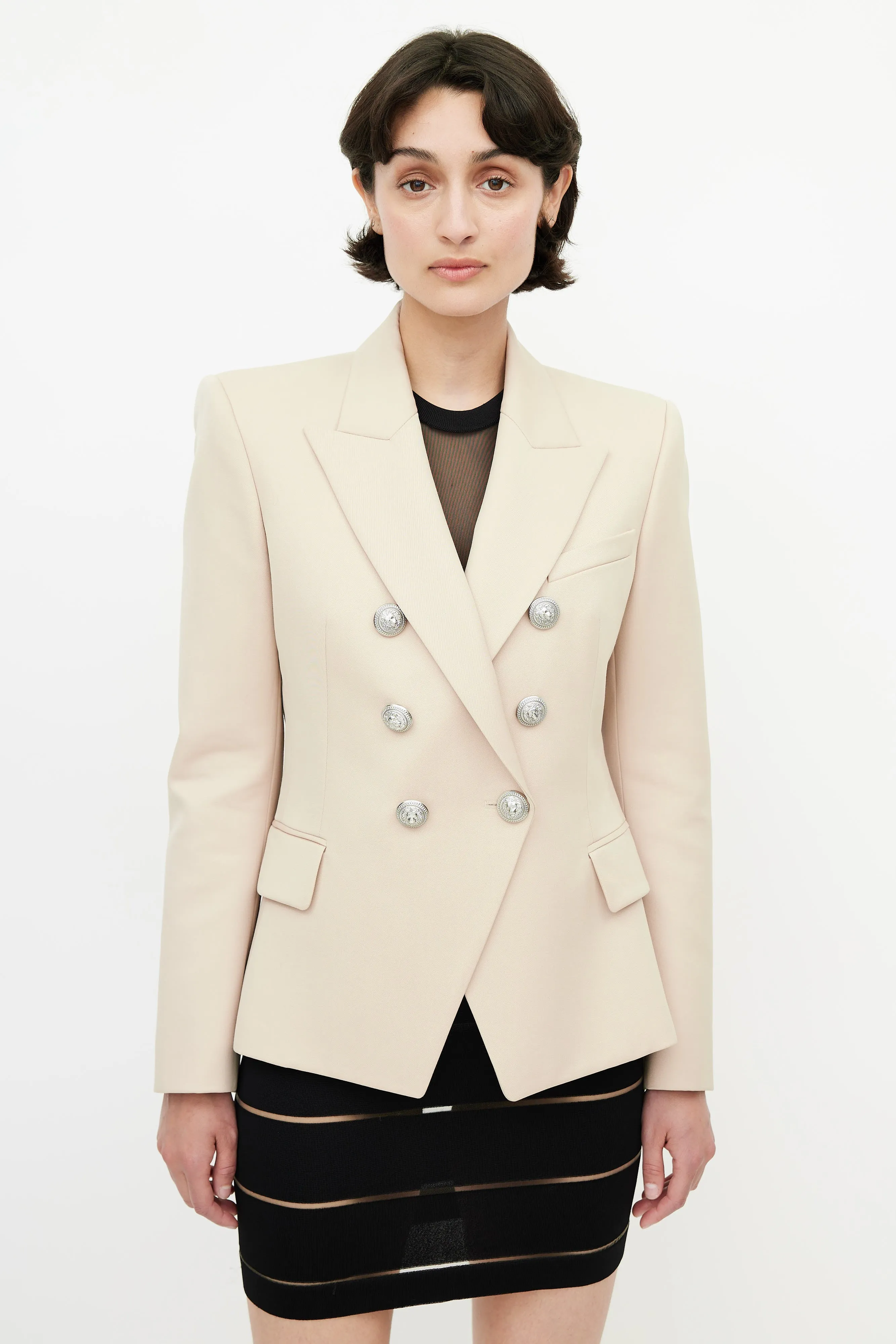 Beige Double Breasted Wool Blazer