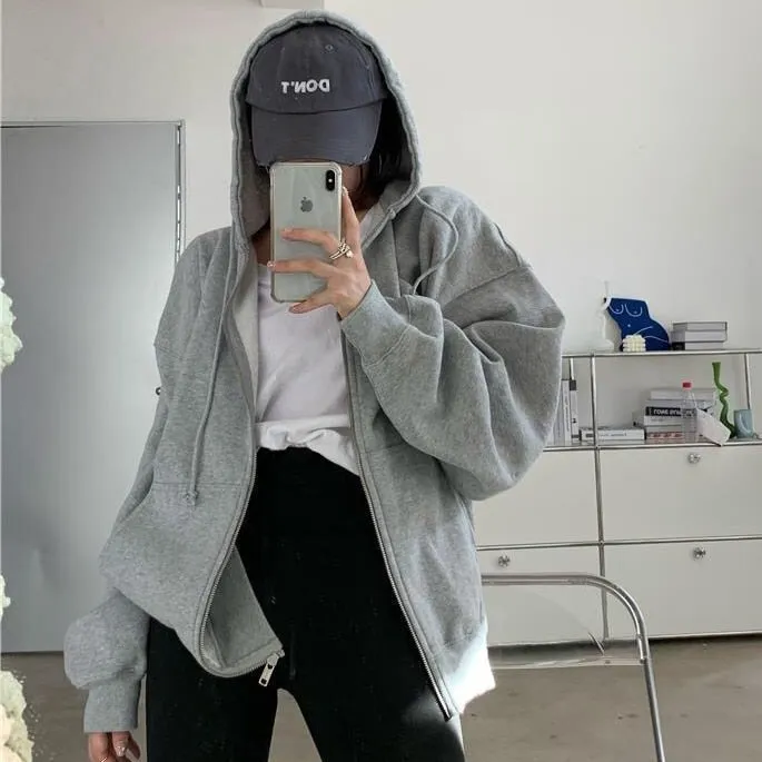 BiggOrange Brown Zip Hooded Sweatshirt Winter Jacket Top Oversized Hoodie Retro Pocket Woman Clothes Long Sleeve Pullover