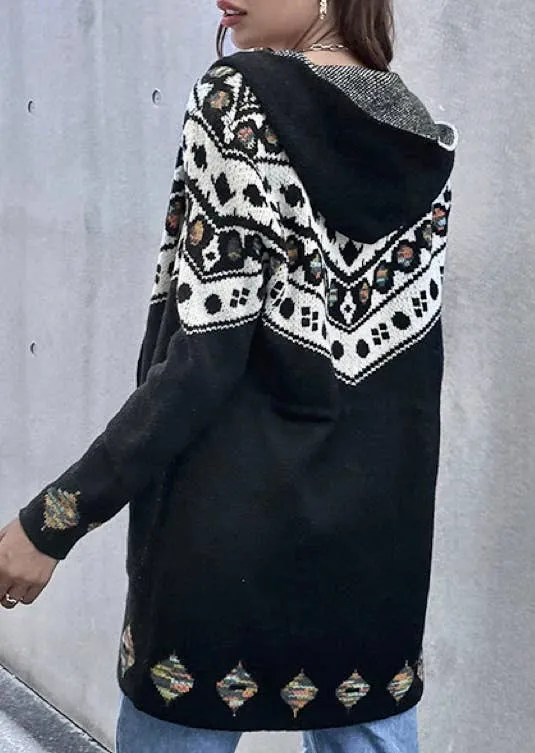 Black Geo Pattern Hooded Cardigan