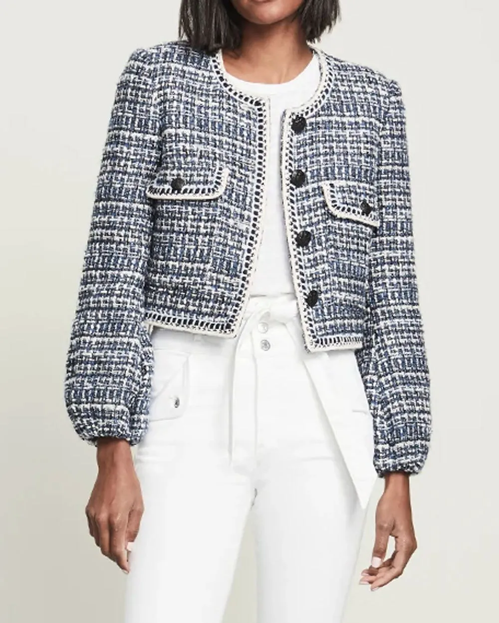 Blue Tweed Collarless Brim Jacket