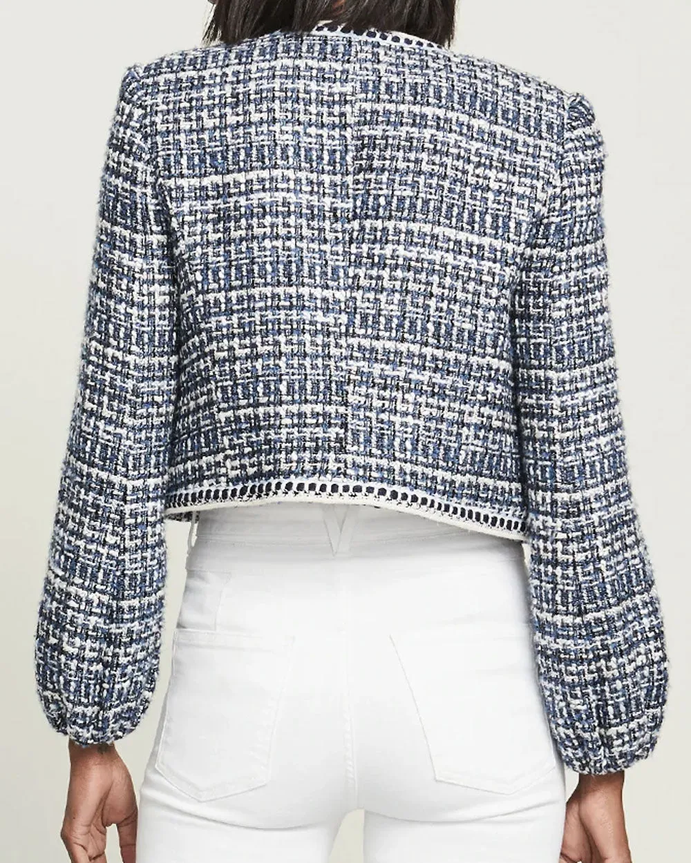 Blue Tweed Collarless Brim Jacket