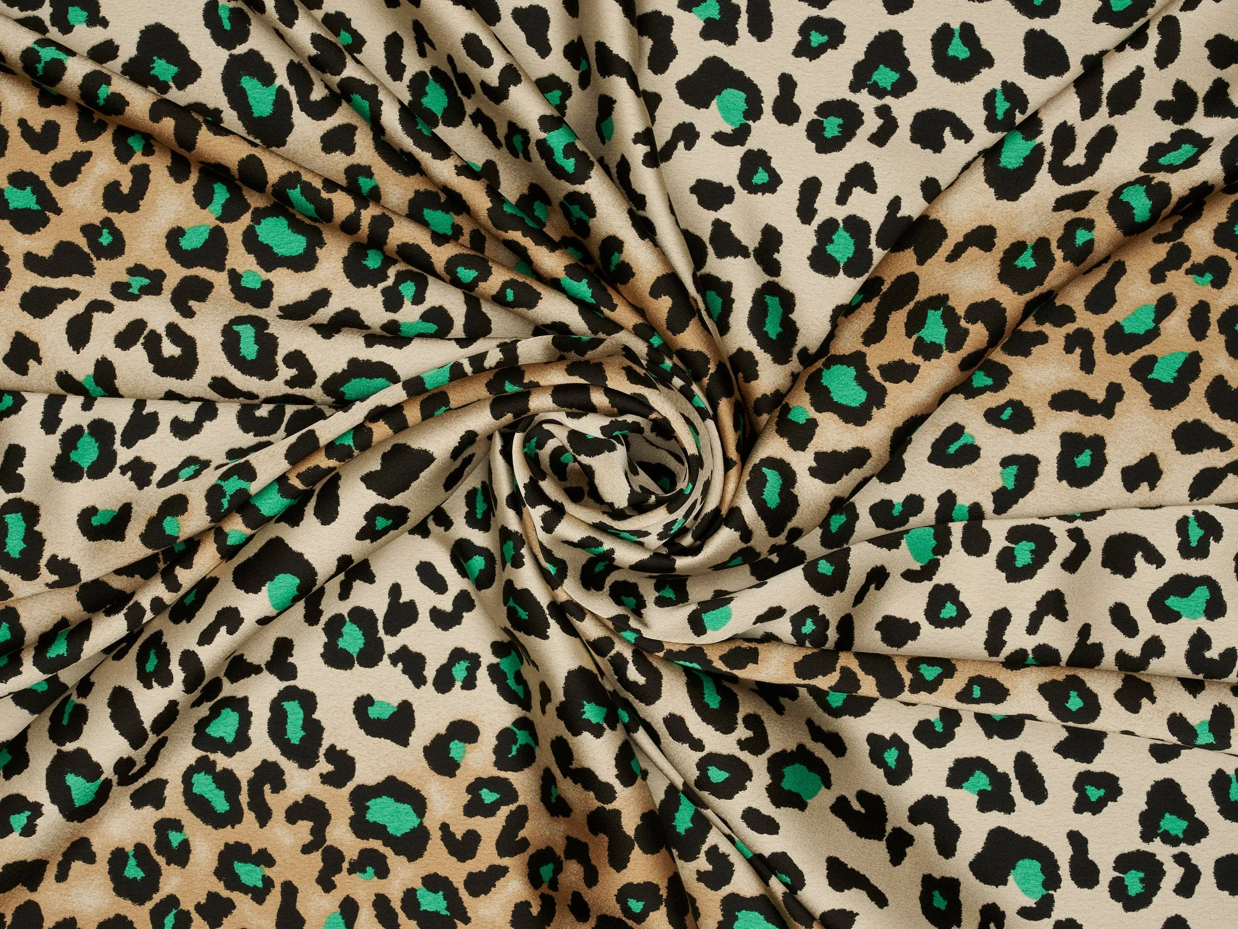 Emerald green brown Cheetah animal   print -  silky satin dobby Lightweight   fabric