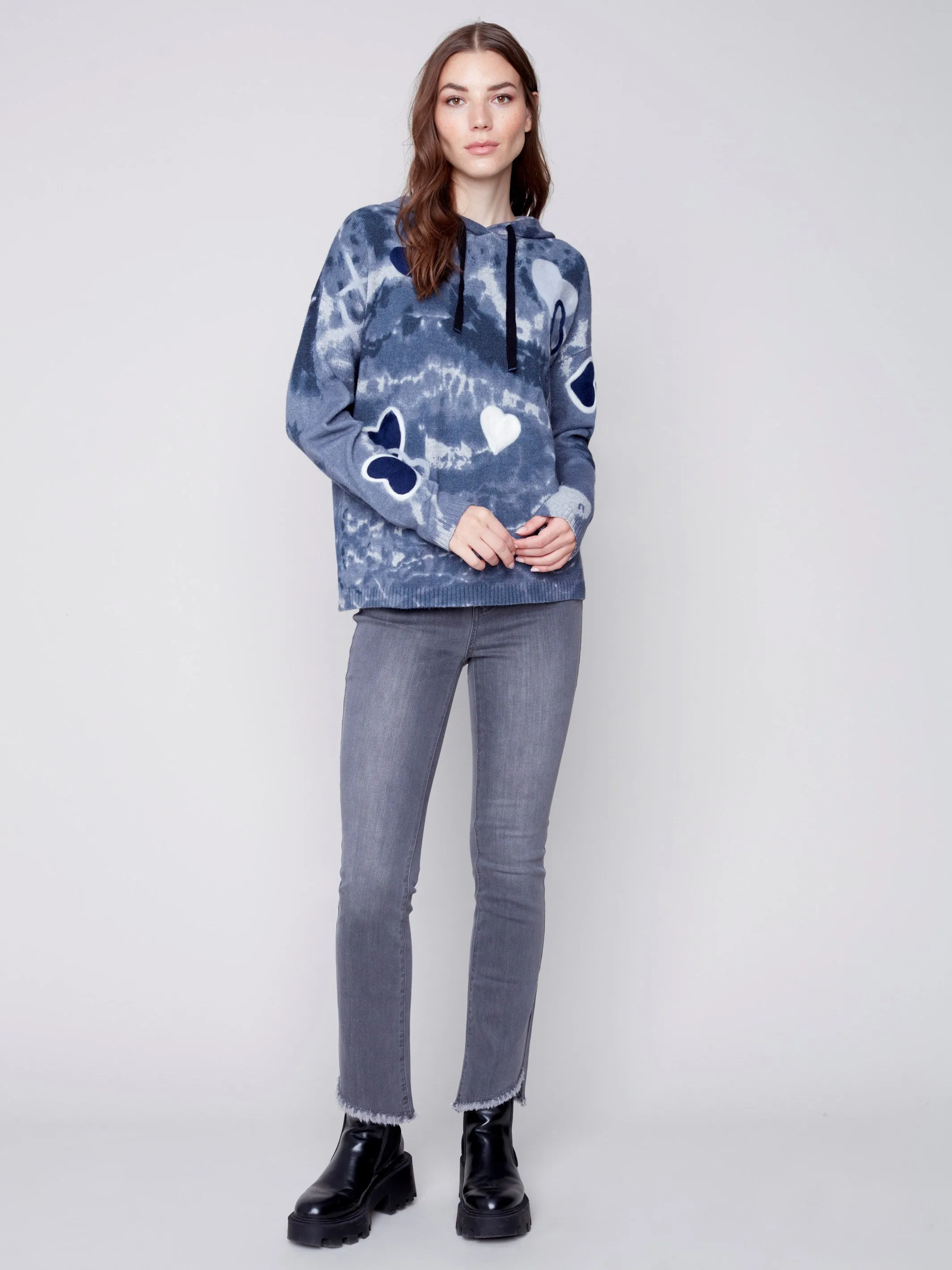 Hooded Sweater with Graffiti Print - Denim