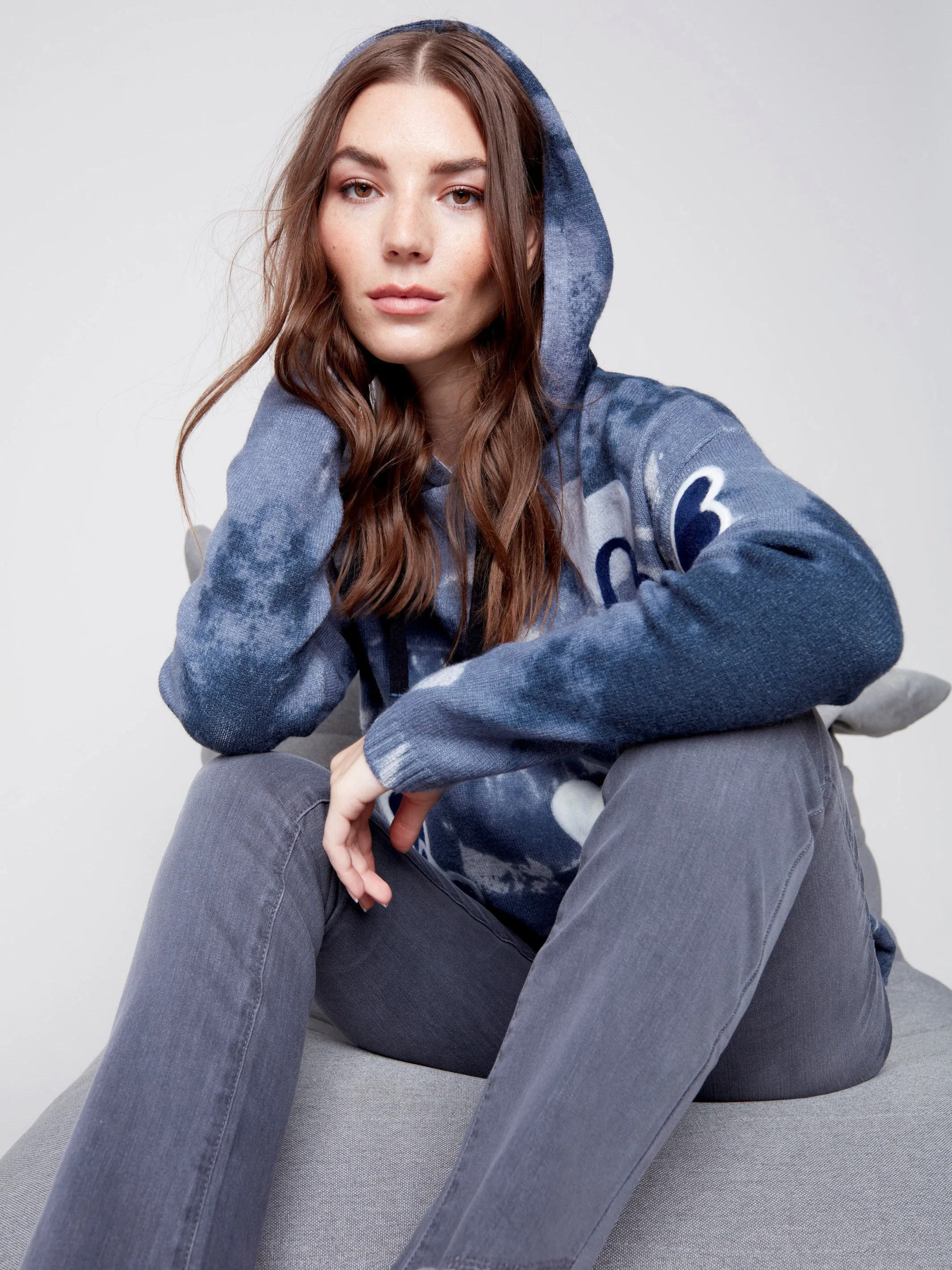 Hooded Sweater with Graffiti Print - Denim