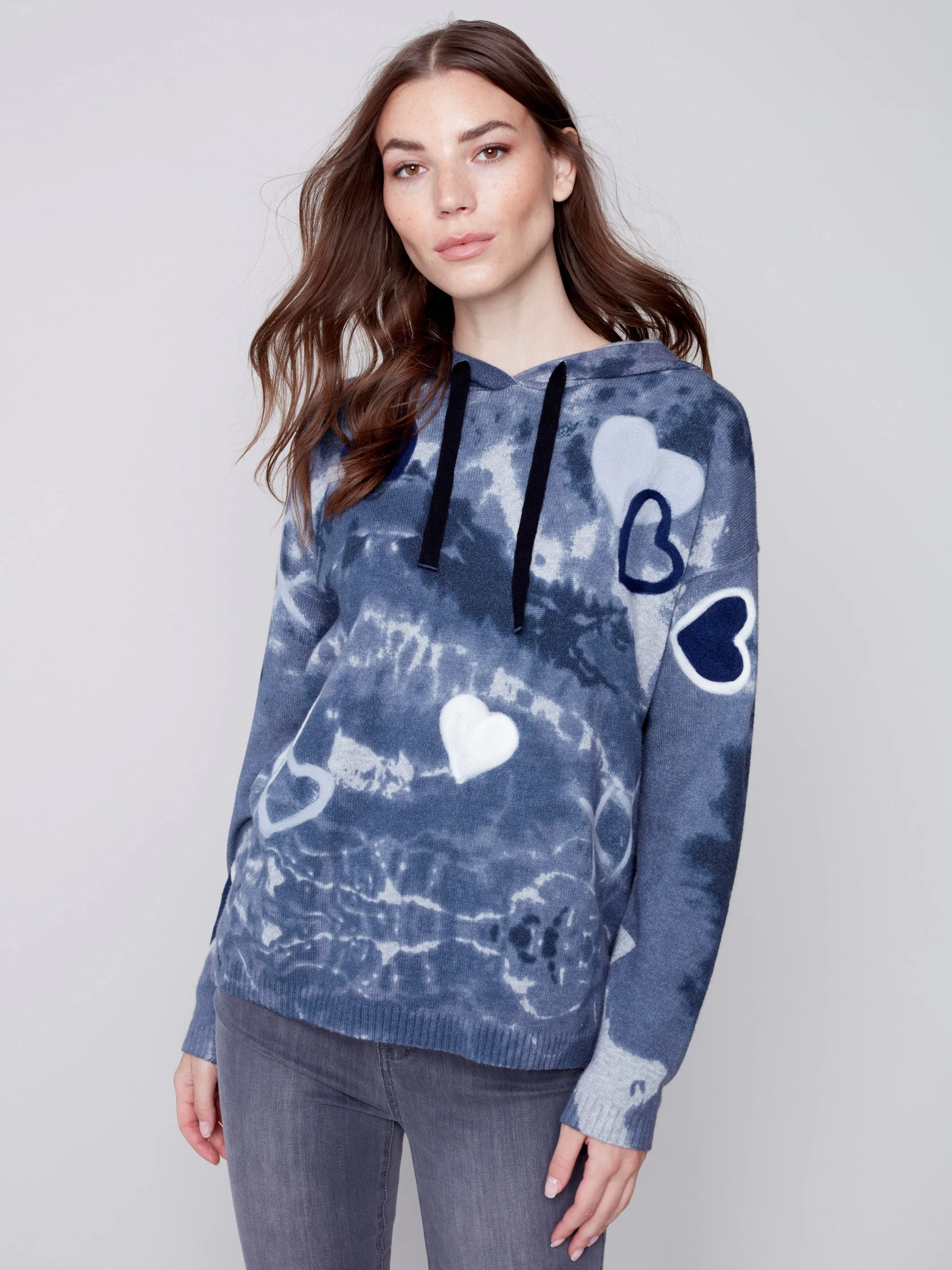 Hooded Sweater with Graffiti Print - Denim