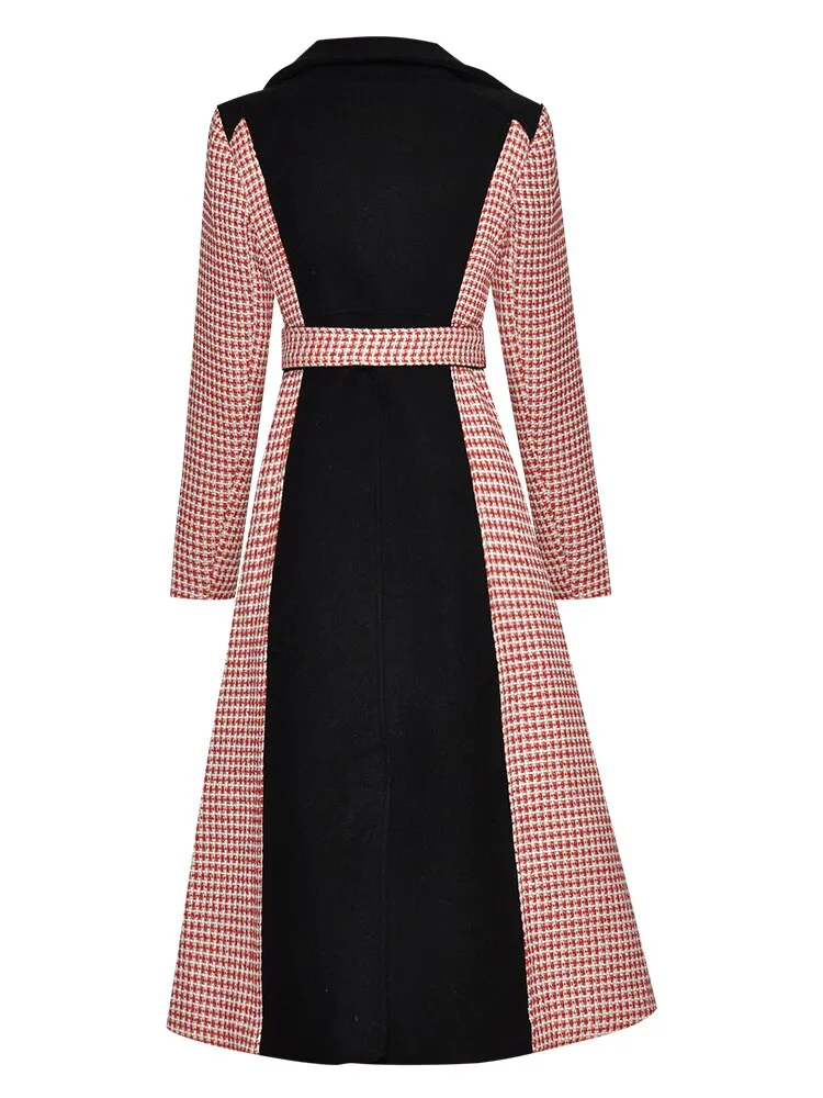 Hound's-tooth  Winter Women Long sleeve Double breasted lace-up Overcoat