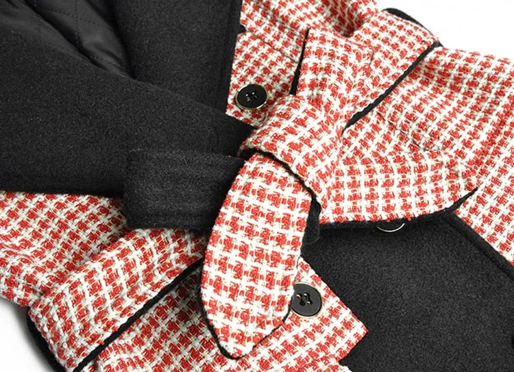Hound's-tooth  Winter Women Long sleeve Double breasted lace-up Overcoat