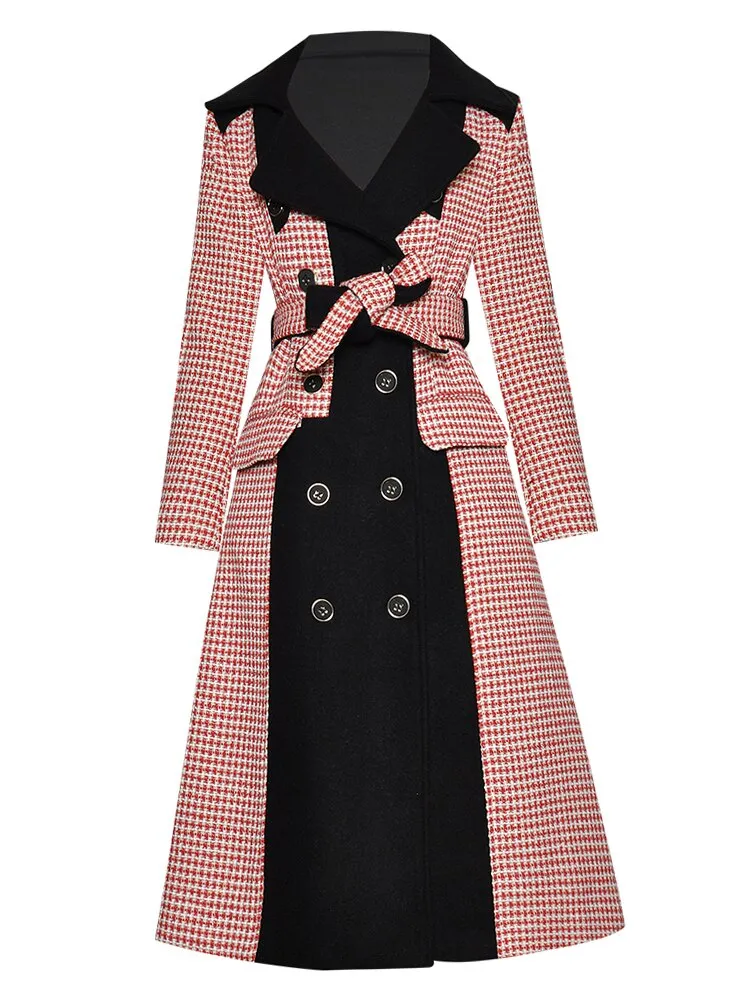 Hound's-tooth  Winter Women Long sleeve Double breasted lace-up Overcoat