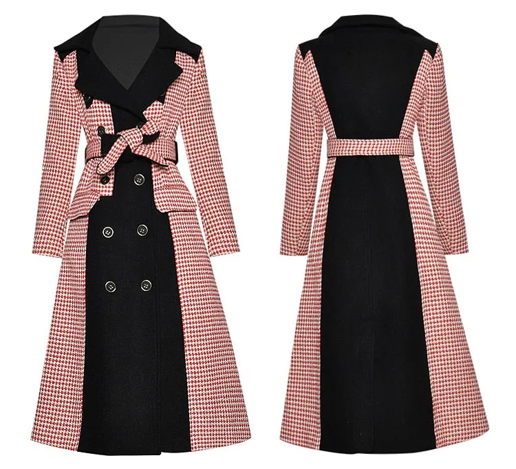 Hound's-tooth  Winter Women Long sleeve Double breasted lace-up Overcoat