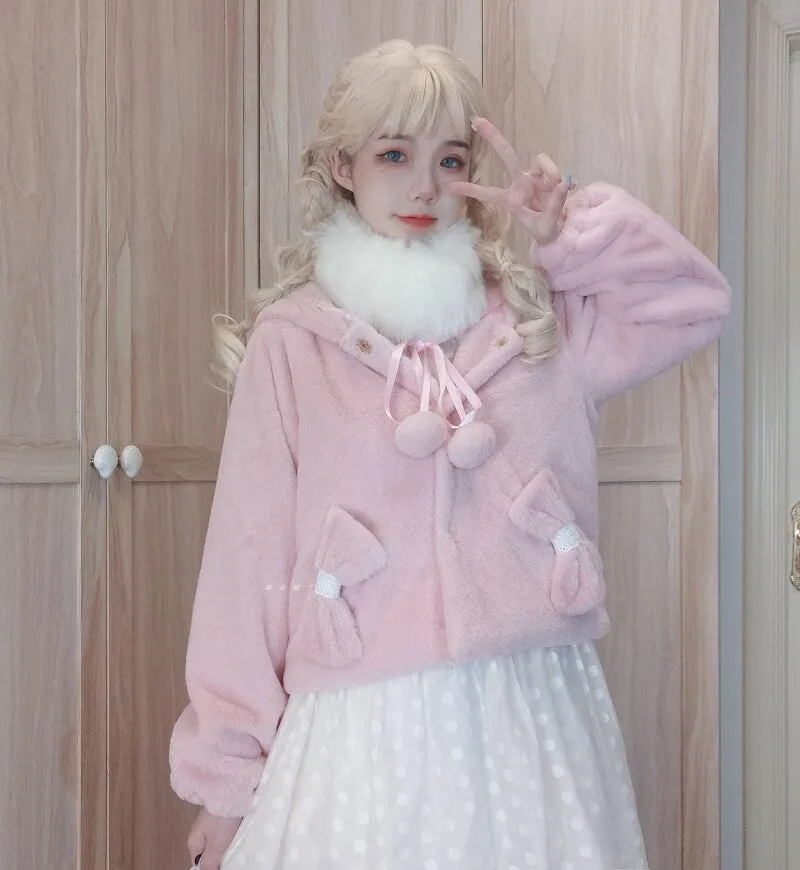 Kawaii Japanese Pink Hooded Plush Coat