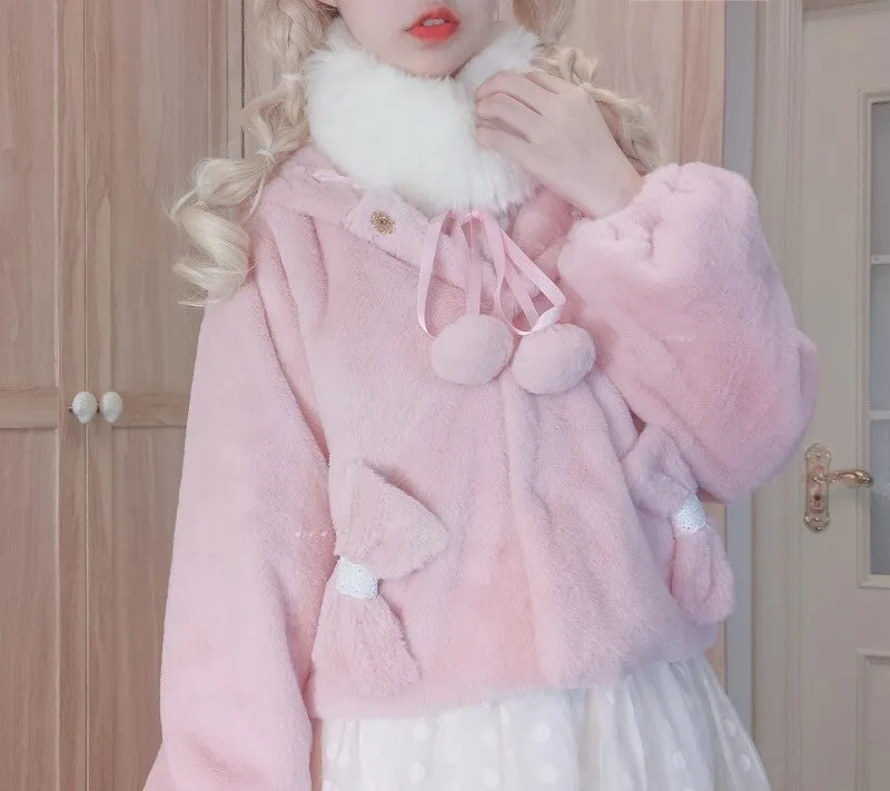 Kawaii Japanese Pink Hooded Plush Coat