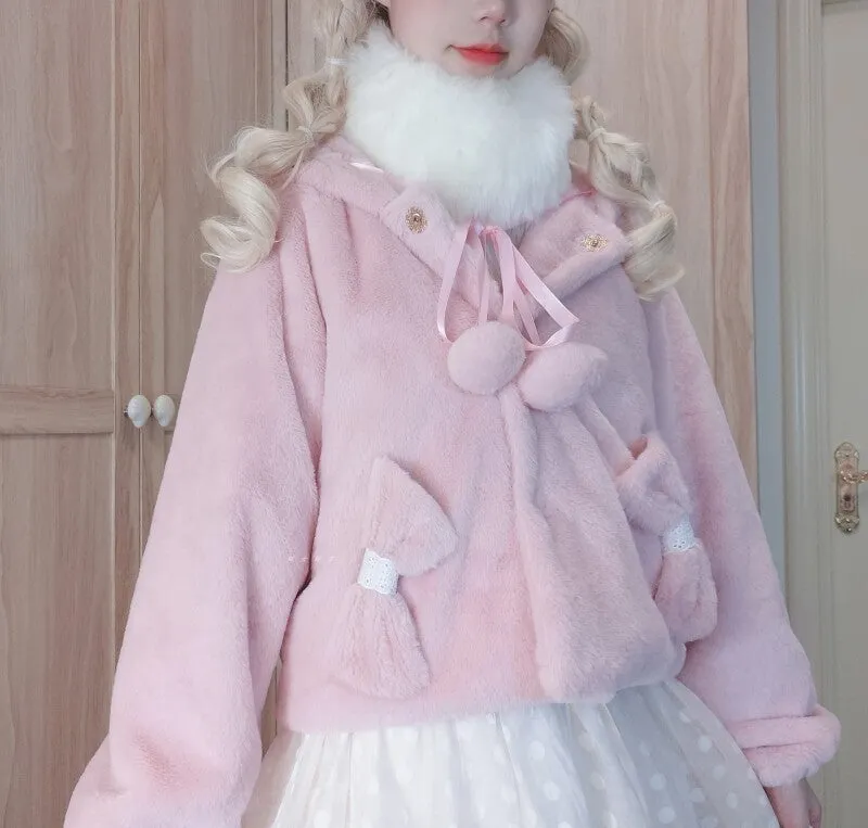 Kawaii Japanese Pink Hooded Plush Coat