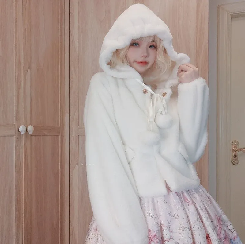 Kawaii Japanese Pink Hooded Plush Coat
