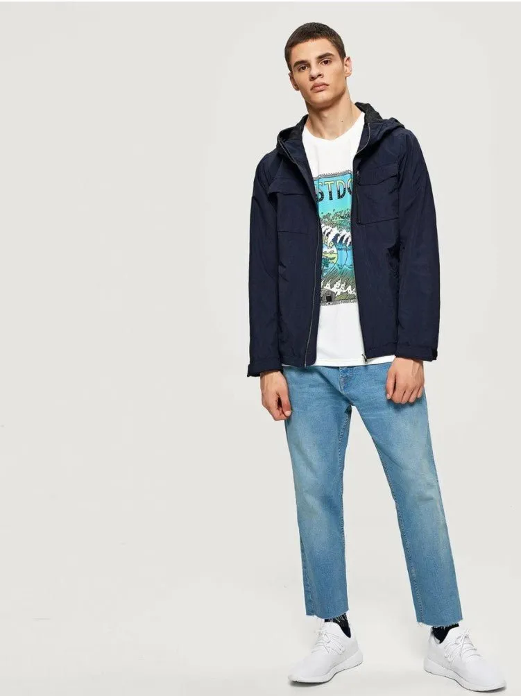 Men Pocket Detail Zip Up Hooded Jacket