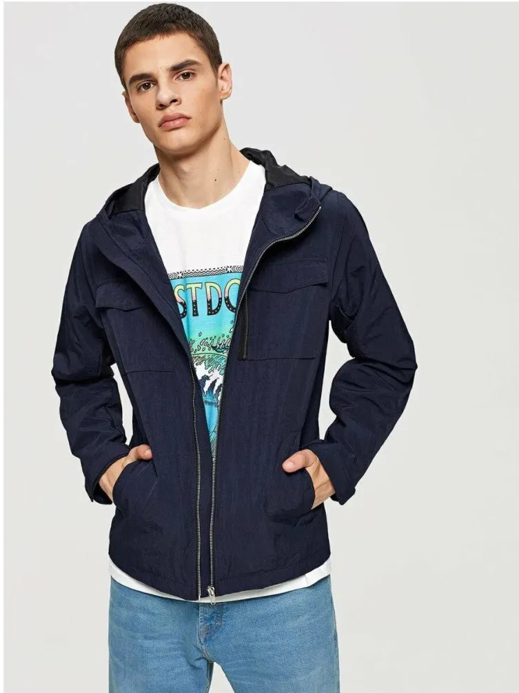 Men Pocket Detail Zip Up Hooded Jacket