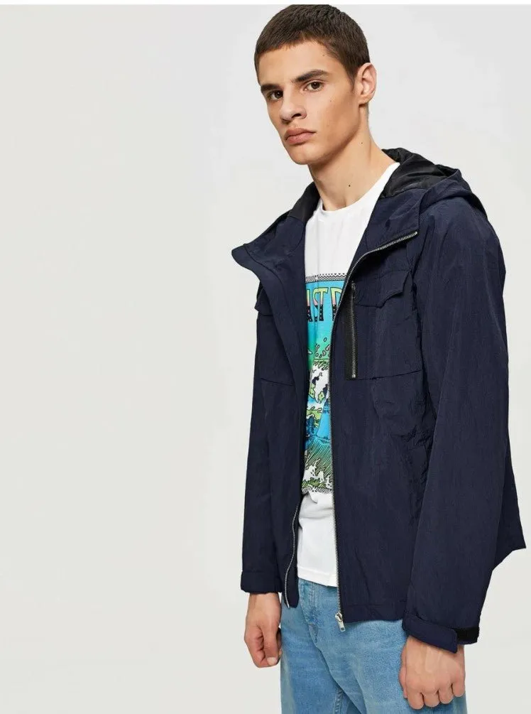 Men Pocket Detail Zip Up Hooded Jacket