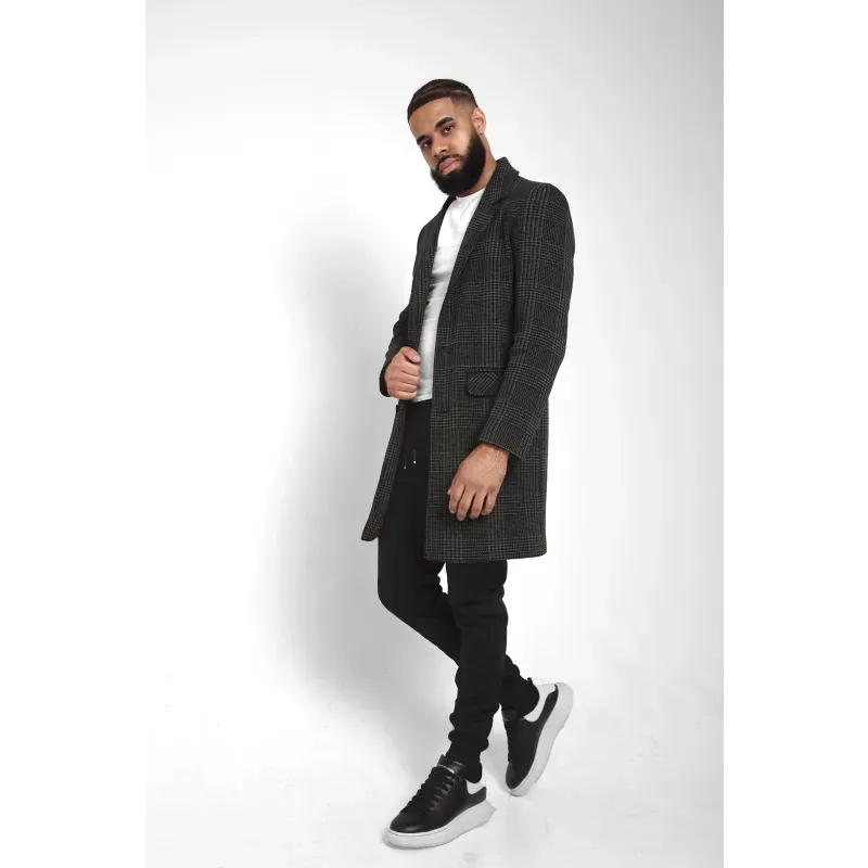 Mens Single Breasted Check Design Overcoat