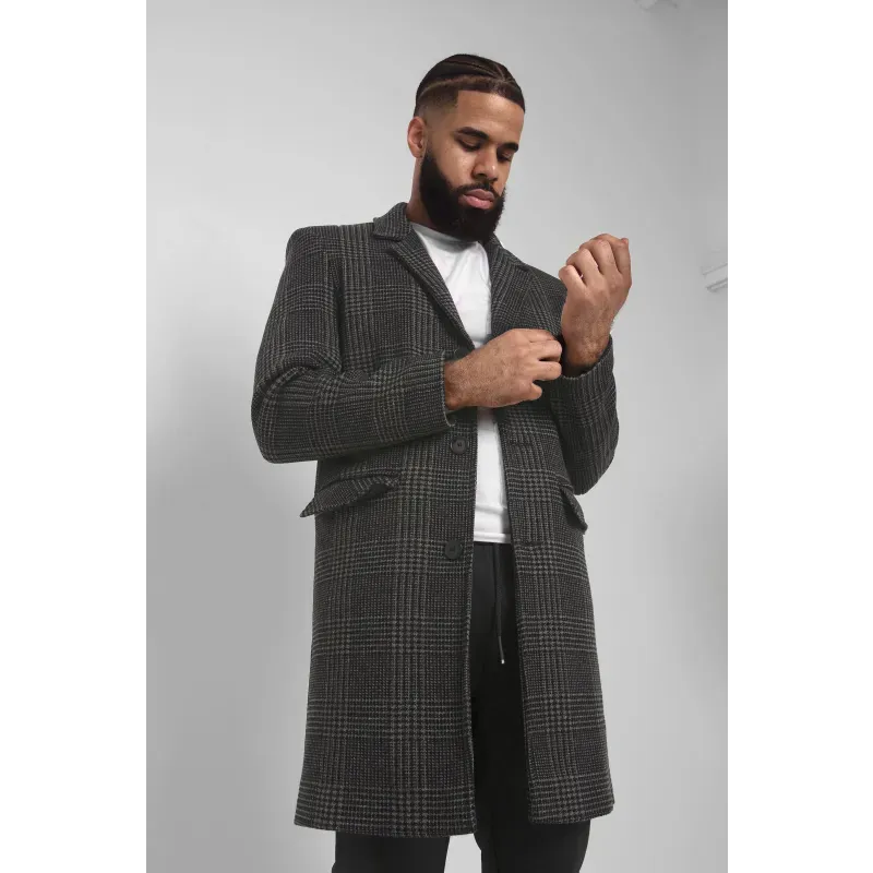 Mens Single Breasted Check Design Overcoat