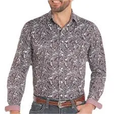 Panhandle Mens Rough Stock Paisley Print Long Sleeve Snap Shirt