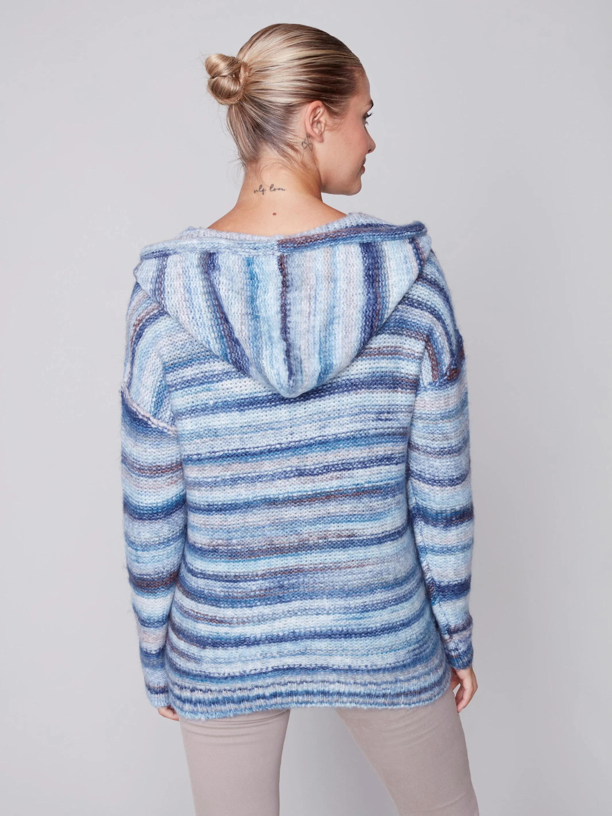 Striped Hooded Sweater with Kangaroo Pocket - Denim