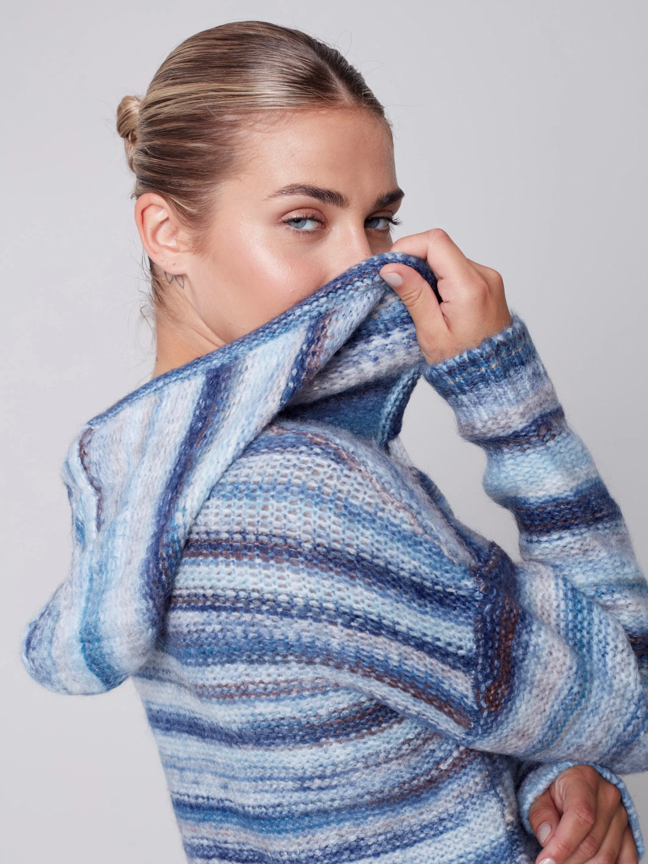 Striped Hooded Sweater with Kangaroo Pocket - Denim