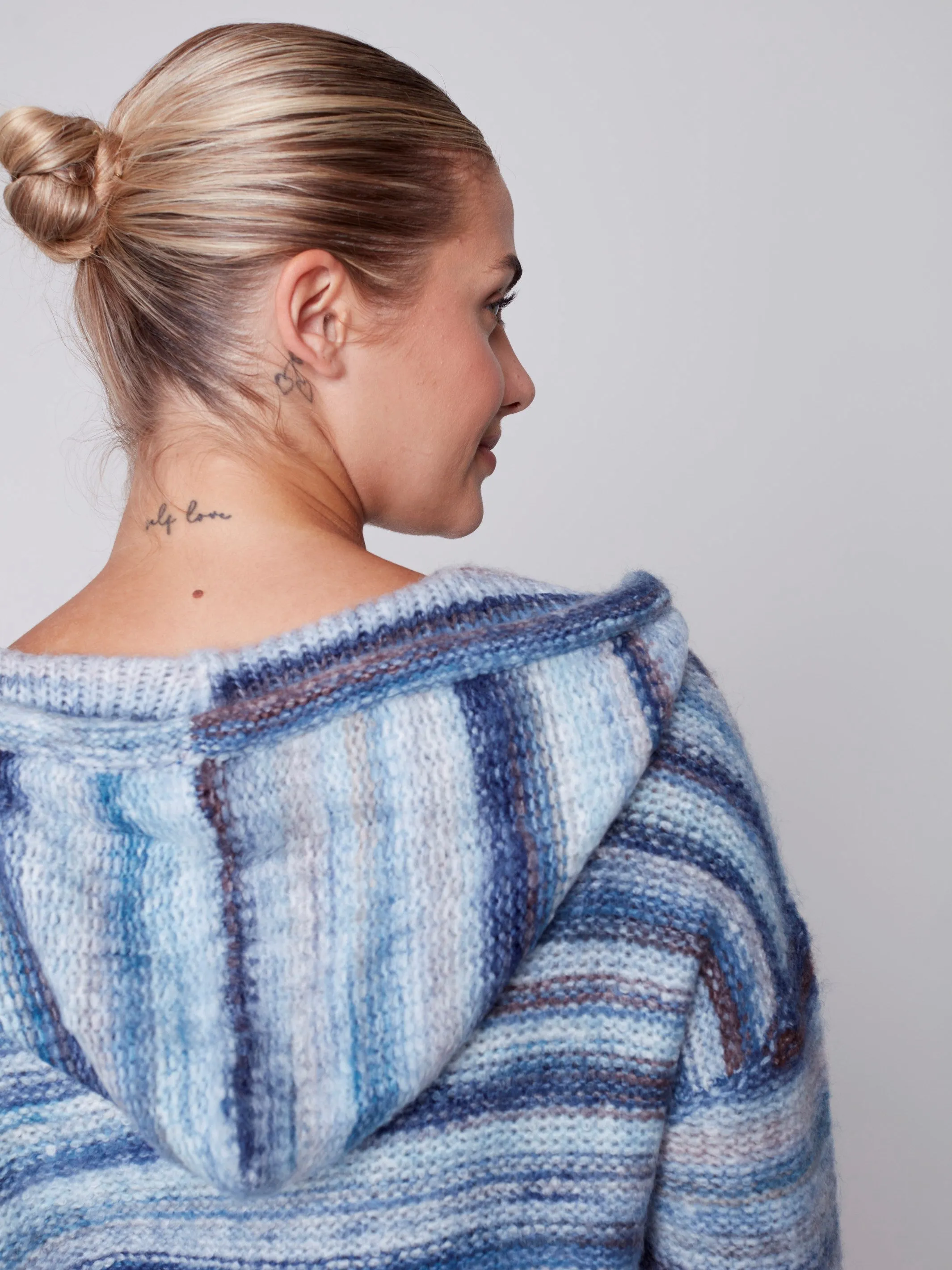 Striped Hooded Sweater with Kangaroo Pocket - Denim