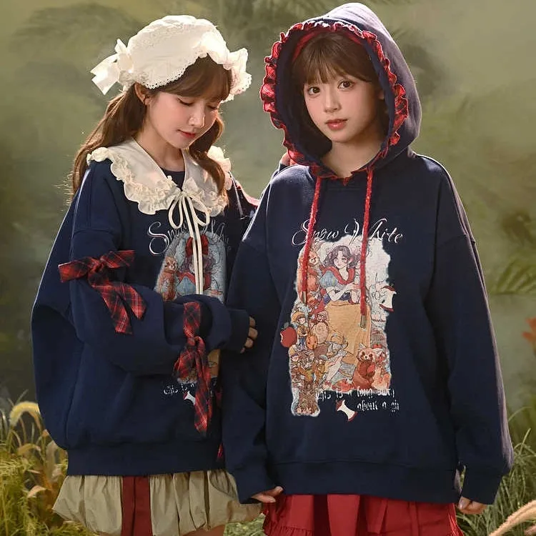 Sweet Girl Style Dark Blue Snow White Print Sweatshirt