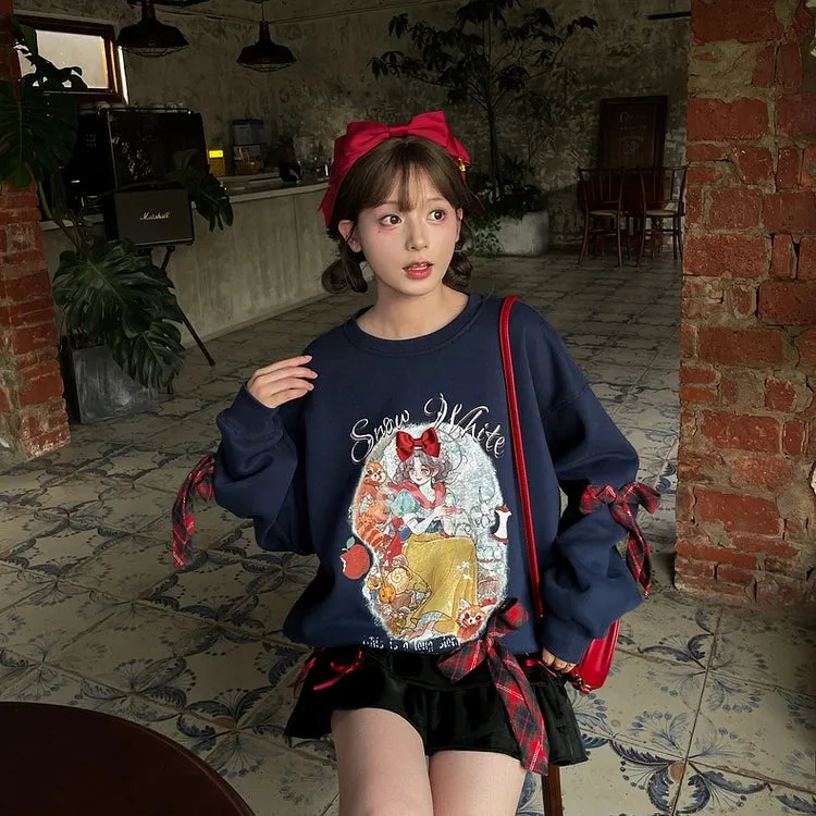 Sweet Girl Style Dark Blue Snow White Print Sweatshirt
