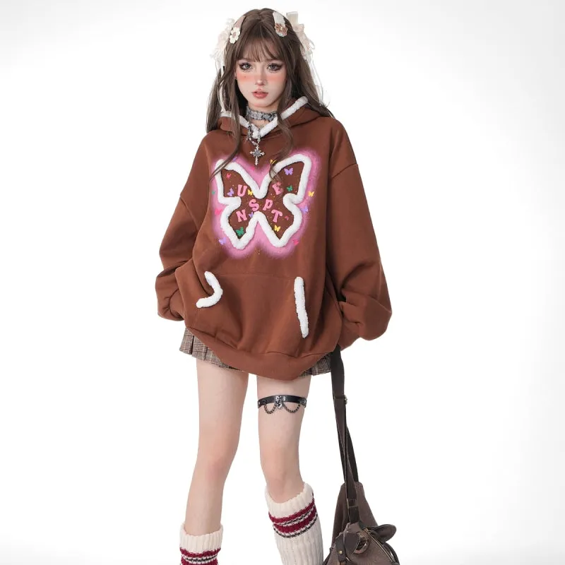 Sweet Pink Butterfly Embroidered Hooded Sweatshirt