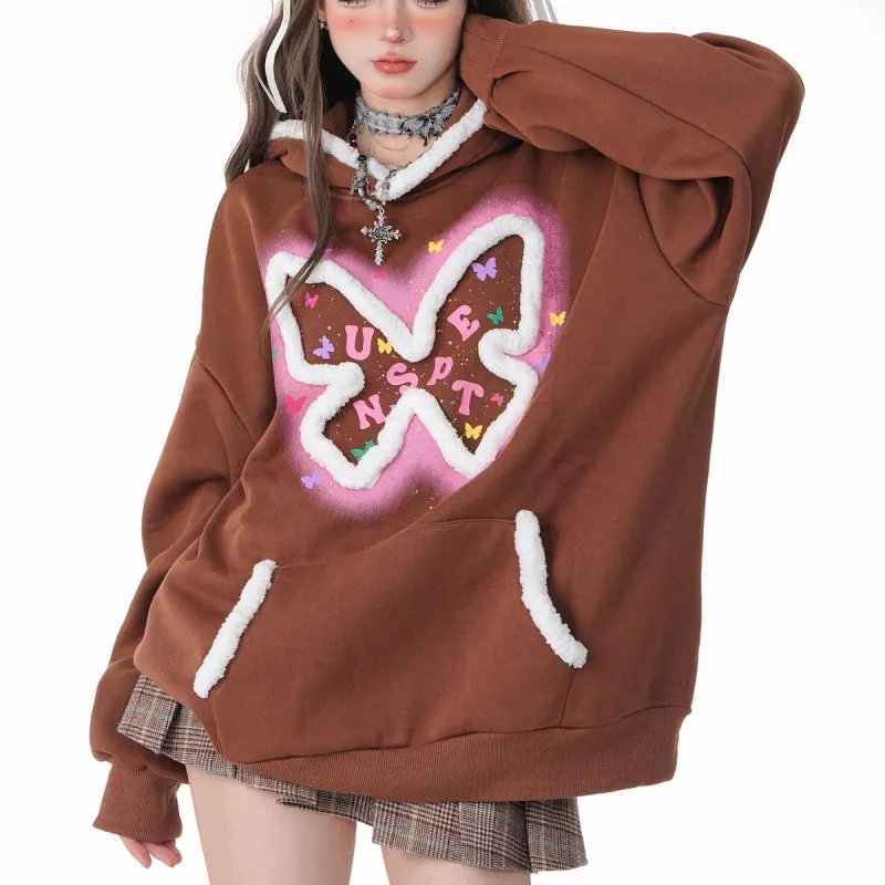 Sweet Pink Butterfly Embroidered Hooded Sweatshirt