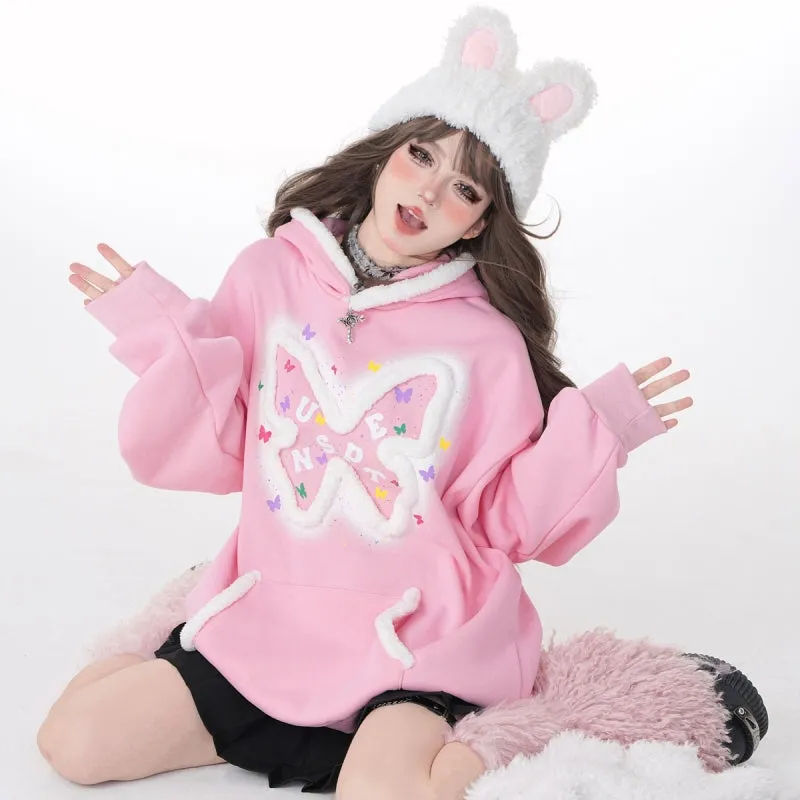 Sweet Pink Butterfly Embroidered Hooded Sweatshirt