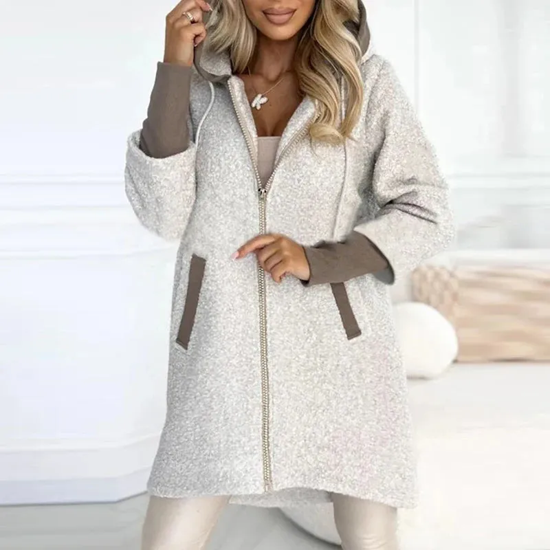 UAKISS  -  New Winter Long Sleeved Hooded Jacket Vintage Drawstring Pockets Loose Coat Casual Women's High Street Zipper Straight Outerwear