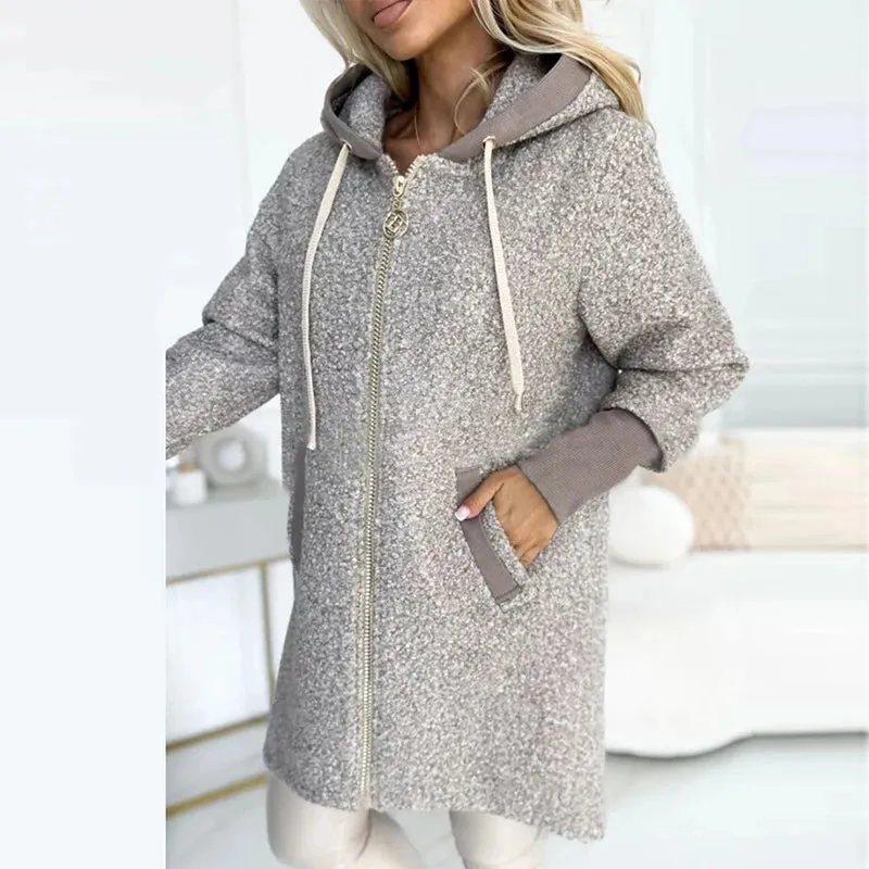 UAKISS  -  New Winter Long Sleeved Hooded Jacket Vintage Drawstring Pockets Loose Coat Casual Women's High Street Zipper Straight Outerwear