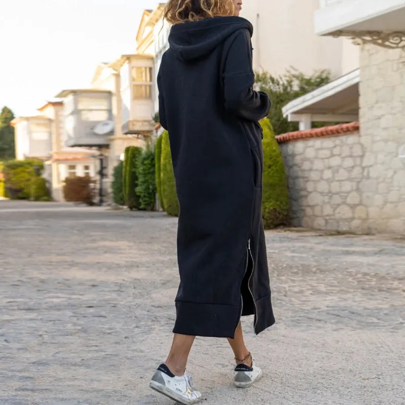 UAKISS  -  Vintage V Neck Pocket Hooded Women's Dress Autumn Winter Drawstring Loose Commuter Dress Casual Long Sleeved Side Split Dresses