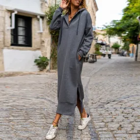 UAKISS  -  Vintage V Neck Pocket Hooded Women's Dress Autumn Winter Drawstring Loose Commuter Dress Casual Long Sleeved Side Split Dresses