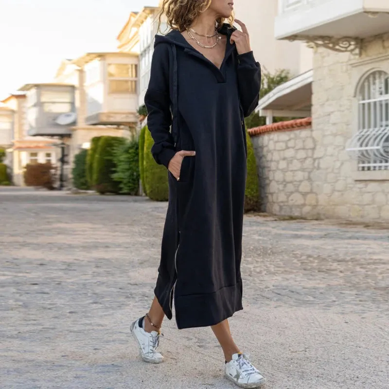 UAKISS  -  Vintage V Neck Pocket Hooded Women's Dress Autumn Winter Drawstring Loose Commuter Dress Casual Long Sleeved Side Split Dresses