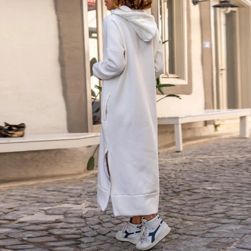 UAKISS  -  Vintage V Neck Pocket Hooded Women's Dress Autumn Winter Drawstring Loose Commuter Dress Casual Long Sleeved Side Split Dresses