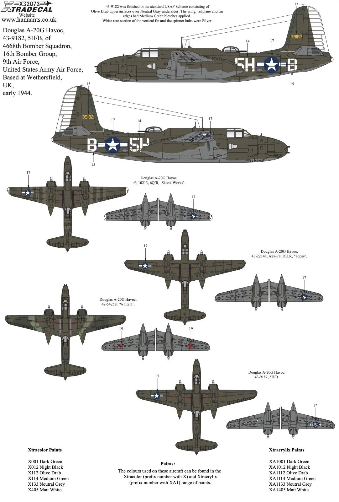 Xtradecal X32072 Douglas A-20G Havoc Collection Decals 1/32