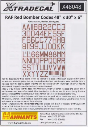 Xtradecal X48048 1/48 RAF WWII 48" x 30" bomber code letters numbers red Decals
